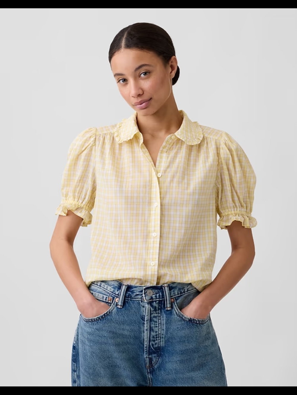 Gap Relaxed Voile Puff Sleeve Top Yellow Plaid M
